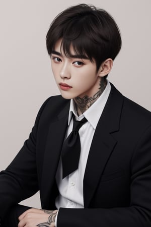 solo, looking at viewer, short hair, brown hair, shirt, 1boy, brown eyes, jacket, white shirt, upper body, male focus, collared shirt, gray background, lips, black jacket, formal, suit, sofa, reality, fair skin ,white hair, tattoo, close to reality