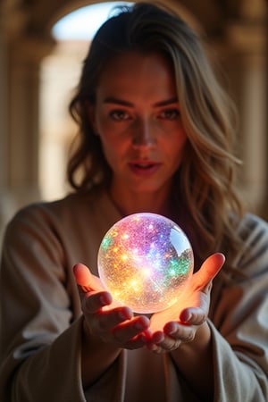 an woman, her face amazed, looking at her hands having a ball of multicolor energy in movement  in ancient temple behind her