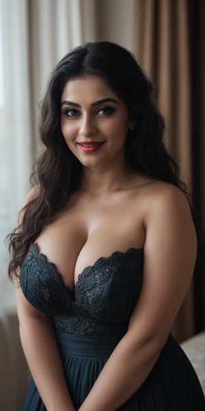 (masterpiece, best quality, ultra-detailed, 8K),high detail, realisitc detailed, a beautiful young mature arabic women curvy body with long flowy black hair over shoulders in the dark, waeraing a full tight tradational modern indian dress in wedding room tempting manner, blue eyes, pale soft skin, kind smile, glossy lips, a serene and contemplative mood, red lips,hd makeup,Indian,(blue eyes)(temptaation shy manner)