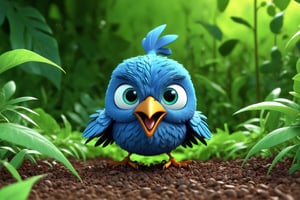 (a giant scary blue bird terrorizing the ants) 3D, adorable, cute eyes, green leaves, anthill, angry face, stamping, cartoon style, high quality animation,artistic details.