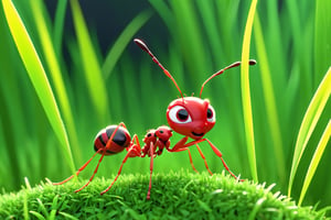 (tiny red ant),3D,adorable,bright colors,cute eyes,cartoon style,walking in a towering blade of grass, in hurt, high quality animation,artistic details.