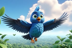 (a giant scary blue bird fly away up in the sky) 3D, adorable, cute eyes, green leaves, cartoon style, high quality animation,artistic details.