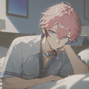 a shot of daily life,bedroom,single focus,25years old man,akagi_wen,best quality,amazing quality,SCORE_9,SCORE_8 UP,SCORE_7 UP,high resolution,pink_hair,multicolored hair,blue eyes,closed mouth