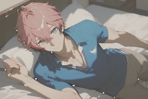 a shot of daily life,bedroom,man on bed,view from above,single focus,25years old man,akagi_wen,best quality,amazing quality,SCORE_9,SCORE_8 UP,SCORE_7 UP,high resolution,pink_hair,multicolored hair,blue eyes,closed mouth