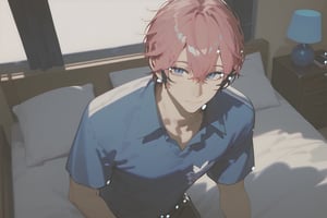 a shot of daily life,bedroom,man on bed,view from above,single focus,25years old man,akagi_wen,best quality,amazing quality,SCORE_9,SCORE_8 UP,SCORE_7 UP,high resolution,pink_hair,multicolored hair,blue eyes,closed mouth