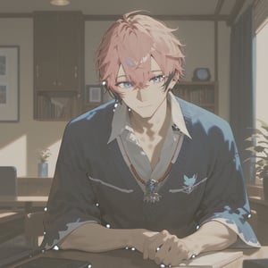 a shot of daily life,indoors,single focus,matured male,25years old man,akagi_wen,best quality,amazing quality,SCORE_9,SCORE_8 UP,SCORE_7 UP,high resolution,pink_hair,multicolored hair,blue eyes,closed mouth