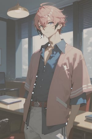 a shot of daily life,indoors,single focus,matured male,25years old man,akagi_wen,best quality,amazing quality,SCORE_9,SCORE_8 UP,SCORE_7 UP,high resolution,pink_hair,multicolored hair,blue eyes,closed mouth
