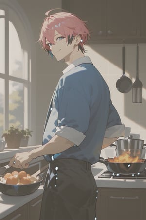 a shot of daily life,kitchen,single focus,25years old man,akagi_wen,best quality,amazing quality,SCORE_9,SCORE_8 UP,SCORE_7 UP,high resolution,pink_hair,multicolored hair,blue eyes,closed mouth,sideview,view from behind,cooking,smile,looking_at_viewer