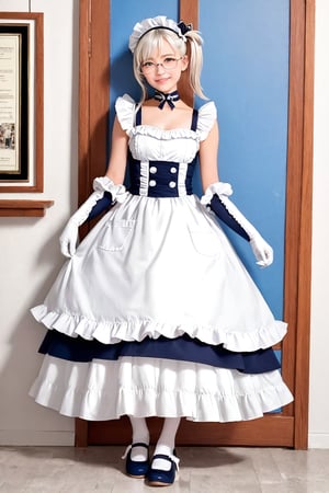 1girl, solo,(Best quality:1.0),(masterpiece:1.0),photorealism,full body,maid headress,maid,smart glasses,BREAK,standing,facing front,BREAK,blue choker,frills,sleeveless, elbow gloves,white gloves,waist apron,white apron,bbbelfast,one side up,aged down,smile