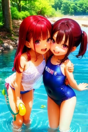 Mesugaki,10 years old,smiling face, short sleeve clothes,summer,and Attack is Tease with a bewitching smile,small river,school swimwear,Nature,double teeth,two 10 year old girls playing with each other