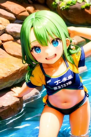 Mesugaki, 10 years old,smiling face, short sleeve clothes,summer,and Attack is Tease with a bewitching smile,small river,school swimwear,Nature,double teeth