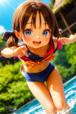 Mesugaki, 10 years old,smiling face, short sleeve clothes,summer,and Attack is Tease with a bewitching smile,small river,school swimwear,Nature,double teeth