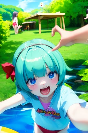 Mesugaki,10 years old,smiling face, short sleeve clothes,summer,and Attack is Tease with a bewitching smile,small river,school swimwear,Nature,double teeth,two 10 year old girls playing with each other