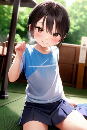 Mesugaki, 10 years old, park, miniskirt, smiling face, sweaty clothes,神社