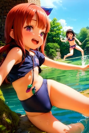 Mesugaki,10 years old,smiling face, short sleeve clothes,summer,and Attack is Tease with a bewitching smile,small river,school swimwear,Nature,double teeth,two 10 year old girls playing with each other