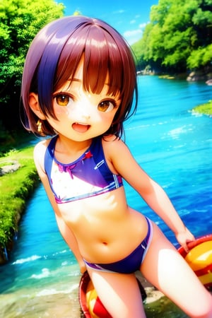 Mesugaki, 10 years old,smiling face, short sleeve clothes,summer,and Attack is Tease with a bewitching smile,small river,school swimwear,Nature