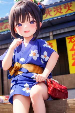 Mesugaki,10 years old,smiling face, short sleeve clothes,summer,and Attack is Tease with a bewitching smile,Summer festival,yukata