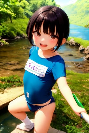 Mesugaki,10 years old,smiling face, short sleeve clothes,summer,and Attack is Tease with a bewitching smile,small river,school swimwear,Nature,double teeth,