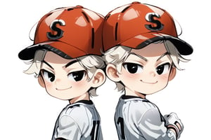 blush, simple background, gloves, red helmet, white background, back to back, white gloves, 2boys, sportswear, baseball uniform,blond hair,black eyes, twins,smirk