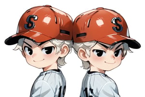 blush, simple background, gloves, red helmet, white background, back to back, white gloves, 2boys, sportswear, baseball uniform,blond hair,black eyes, twins,smirk