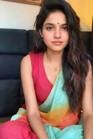 Beautiful cute young attractive Indian teenage girl, village girl,18 year old, cute, instagram model long black_hair colourful hair warm, dancing. In home sit sofa. Indian