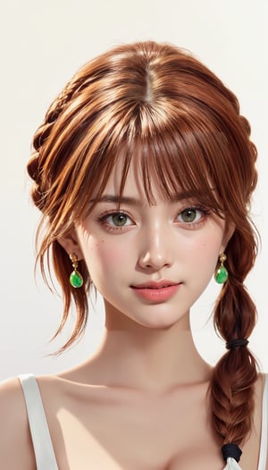 1girl, solo, long hair, breasts, looking at viewer, smile, bangs, simple background, white background, cleavage, bare shoulders, jewelry, closed mouth, green eyes, collarbone, yellow eyes, upper body, braid, red hair, earrings, hair bun, twin braids, lips, eyelashes, double bun, makeup, freckles, realistic, overalls