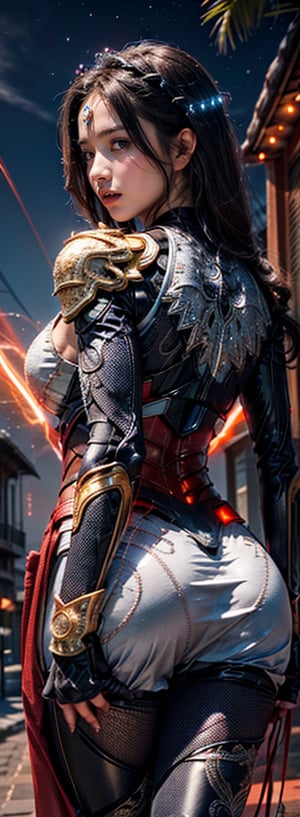 (goddess,venus,iron woman),busty,(Intricate luminous armor design:1.2),white plasma electromagnetic shield,crystal and silver entanglement,Star flash,(Persian Paisley clothes),glowing forehead