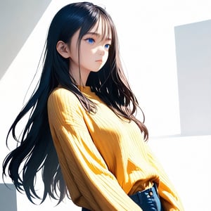 This stunning photorealistic illustration features a full-length shot of a young girl named Manyu. She has clear eyes, a soft face, and long, flowing hair. She wears a beige sweater and dark blue jeans, and stands quietly against a light background, with her hands at her sides, her posture relaxed and natural. Photo, 3D Rendering, Fashion, Film, Anime, Portrait Photography. Full of vibrant colors and captivating visuals, this stunning work of art is a true 32k masterpiece.