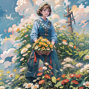 This stunning, realistic illustration depicts a young girl named Zhilin, wearing a long lace dress from the French aristocracy period and a wreath on her head, picking roses in the manor garden. She is surrounded by roses of various colors, with a magnificent manor and blue sky and white clouds in the background, creating a romantic French countryside atmosphere. This stunning artwork is full of bright colors and charming visuals.