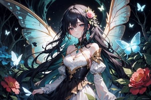 fairy, green nature, black hair, green eyes, green dress, long hair, flowing hair, gentle smile, graceful, elegant, beautiful, delicate features, rose-themed, floral accents, magical aura, fantasy setting, soft lighting, magical glow, whimsical, dreamlike, enchanting atmosphere, storybook-like, fairytale-inspired, surrounded by nature, magical creatures, enchanting forest, glowing flowers, butterfly accessories, delicate butterfly wings, gentle breeze, flowing dress, peaceful, serene, magical powers, glowing eyes, magical symbols, enchanted rose, fairy tale castle, magical landscape, fantasy art, masterwork, high quality, ultra-detailed, ethereal beauty, otherworldly, fantasy lighting."