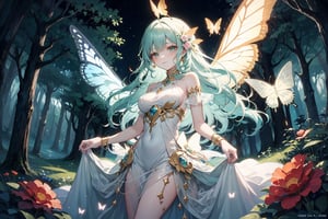 fairy, green nature, white hair, green eyes, green dress, long hair, flowing hair, gentle smile, graceful, elegant, beautiful, delicate features, rose-themed, floral accents, magical aura, fantasy setting, soft lighting, magical glow, whimsical, dreamlike, enchanting atmosphere, storybook-like, fairytale-inspired, surrounded by nature, magical creatures, enchanting forest, glowing flowers, butterfly accessories, delicate butterfly wings, gentle breeze, flowing dress, peaceful, serene, magical powers, glowing eyes, magical symbols, fairy tale castle, magical landscape, fantasy art, masterwork, high quality, ultra-detailed, ethereal beauty, otherworldly, fantasy lighting."