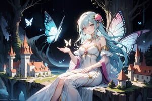 fairy, green nature, white hair, green eyes, pink dress, long hair, flowing hair, gentle smile, graceful, elegant, beautiful, delicate features, rose-themed, floral accents, magical aura, fantasy setting, soft lighting, magical glow, whimsical, dreamlike, enchanting atmosphere, storybook-like, fairytale-inspired, surrounded by nature, magical creatures, enchanting forest, glowing flowers, butterfly accessories, delicate butterfly wings, gentle breeze, flowing dress, peaceful, serene, magical powers, glowing eyes, magical symbols, fairy tale castle, magical landscape, fantasy art, masterwork, high quality, ultra-detailed, ethereal beauty, otherworldly, fantasy lighting."