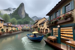 It was cloudy and rainy, with familiar sounds and sights, cartoons and Disney, mountains and sea ((someone was sitting on a boat fishing)), and a bakery, bookstore, flower shop, and restaurant in the village.