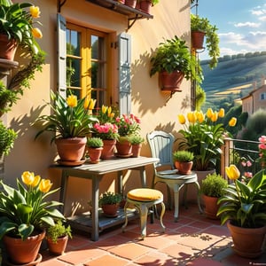 a miniature scene of a magical PROVENCE BALCONY with potted plants and chairs, plants and terrace, summer morning light, beautiful terrace, garden at home, summer EVENING light, brilliant EVENING light, afternoon light, afternoon sun, garden environment, cozy place, lush flowers outdoors, afternoon light, ivy, bonsai, roses, table, stool,lily, tulip, yellow potted plant