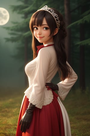 (FILIGREE:1.4), dr24whitemage,masterpiece,extremely detailed CG unity 8k wallpaper,1girl, beautiful, realistic, blurry_background, blurry_foreground, UPDO HAIR, depth_of_field,beautiful face, gloves, evergreen forest, DISNEY STYLE, PIXAR STYLE, FOGGY BACKGROUND, dr24whitemage, 1girl, garnet til alexandros xvii, brown eyes, black hair, full moon, looking at viewer, official alternate costume, smile, medium long hair, Front view