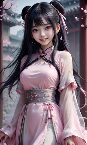 (masterpiece, best quality, ultra-detailed, best shadow), (beautiful detailed face), high contrast, (best illumination, an extremely delicate and beautiful), ((cinematic light)), colorful, hyper detail, dramatic light, intricate details, fantasy, (1,25 year old girl, toothy smile,black hair,big black eyes, flat chest, (sleeves transparent light pink hanfu:1.3), dynamic angle), depth of field,golden light particles,magic circle,hyper detailed, highly detailed , beautiful, small details, ultra detailed, best quality, 4k, (good anatomy), more detail XL, opaque dress, cut sleeves, black hair, black eyes, long hair, straight hair,  jewelry, earrings, hair accessories , jewelry