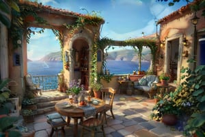 ((ultra ARTISTIC sketch)), (artistic sketch art) a magical Evening A MAGICAL GREEK HOUSE TERRACE Shabby chic, romantic, cozy, warm MAGICAL  beach BEHIND. Cushions, blankets lovely garden in front, vine on the walls, morning light, beautiful terrace, garden at home,brilliant SUNSET EVENING NIGHTFALL magical TWILIGHT light, afternoon light, afternoon sun, garden environment, cozy place, lush flowers outdoors, afternoon light, ivy, bonsai, table,There is coffee, cake, bread on the table, stool, Intricate and detailed atmospheric refractive lighting of Unreal Engine 5 movie concept photography masterpiece Octane renders trends on CGSocietybest realistic, best details, best quality, 16k, [ultra detailed], masterpiece, best quality, (extremely detailed), ultra wide shot, photorealism, depth of field, hyper realistic painting, 3d rendering mysterious, Breathtaking VieW, Jean-Baptiste Monge, Kukharskiy Igor, Thomas wells schaller style, magical scenery, Nazar Noschenko Modifiers: dof trending on cgsociety fantastic view ultra detailed 4K 3D whimsical Storybook beautifully lit etheral Quirky Exquisite highly intricate stunning color depth outstanding cute illustration cuteaesthetic shadow play The mood is Mysterious and Spellbinding, with a sense of otherworldliness, macro photography style LEONARDO DIFFUSION XL STYLE