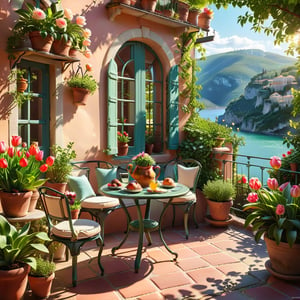 a miniature scene of a magical PROVENCE BALCONY with potted plants and chairs, plants and terrace, summer morning light, beautiful terrace, restaurant garden, summer EVENING light, brilliant EVENING light, afternoon light, afternoon sun, garden environment, cozy place, lush flowers outdoors, afternoon light, ivy,roses, table, stool, lily, tulip, Round table with bread, cakes and teapot on the round table, There are mountains and sea next to it