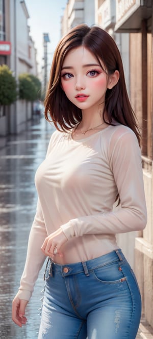 1girl,8k wallpaper,extremely detailed figure, amazing beauty, detailed characters, indoor,light   
brown sweater and jeans, light and shadow, depth of field, light spot, reflection,upper body,nigth,street,Enhance,Eurasian,toothy smile,small breasts