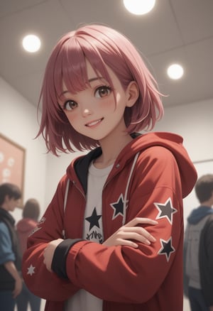 Score_9, score_8_up, score_7_up, score_6_up,, score_5_up,, score_4_up, BREAK, masterpiece, best quality, 1girl, solo, looking at audience, blushing, toothy smile, bangs, long sleeves, jacket, dark pink hair, hood , brown eyes, stars\(symbol\), :o, sleeves above wrist, hooded jacket, red jacket, hooded, star print. Upper body, perspective, room,