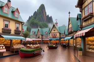 In the cartoon Disney village, there are cloudy days and heavy rain, and there are familiar sounds and sights ((there are mountains, seas, and boats)), there are cake shops, bookstores, flower shops, and coffee restaurants.