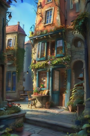 ((ultra ARTISTIC sketch)), (artistic sketch art) a magical detailed shabby style street with coble stones, an old bookstore streetfront, We see cakes and bread in the cake shop window, morning light, beautiful terrace,Flower pots of various colors are planted outside the window, garden at home, light, brilliant SUNSET EVENING NIGHTFALL TWILIGHT light, afternoon light, afternoon sun, garden environment, cozy place, lush flowers outdoors, afternoon light, ivy, bonsai, table, stool, Intricate and detailed atmospheric refractive lighting of Unreal Engine 5 movie concept photography masterpiece Octane renders trends on CGSocietybest realistic, best details, best quality, 16k, [ultra detailed], masterpiece, best quality, (extremely detailed), ultra wide shot, photorealism, depth of field, hyper realistic painting, 3d rendering mysterious, Breathtaking VieW, Jean-Baptiste Monge, Kukharskiy Igor, Thomas wells schaller style, magical scenery, Nazar Noschenko Modifiers: dof trending on cgsociety fantastic view ultra detailed 4K 3D whimsical Storybook beautifully lit etheral Quirky Exquisite highly intricate stunning color depth outstanding cute illustration cuteaesthetic shadow play The mood is Mysterious and Spellbinding, with a sense of otherworldliness, macro photography style LEONARDO DIFFUSION XL STYLE