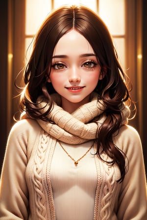 (masterpiece, best quality, hires, high resolution:1.2), (beautiful, aesthetic, perfect, delicate, intricate:1.2), (cute, adorable), (depth of field:1.2), (1girl, solo), (a mature woman), (brown medium long hair),(scarf), (knit sweater:1.2),(smile),(upper body),(small breasts),(straight hair)