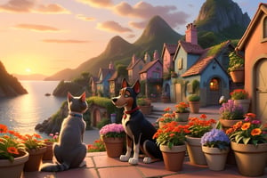 As the sun dipped below the horizon, village, there are dogs and cats, flower pots and gardens, there are mountains and sea, the familiar sounds and sights. cartoonish disney