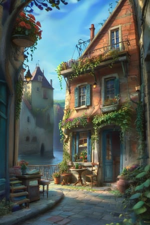 ((ultra ARTISTIC sketch)), (artistic sketch art) a magical detailed shabby style street with coble stones, an old bookstore streetfront, we see books and brooms in the shop window, morning light, beautiful terrace,Flower pots of various colors are planted outside the window, garden at home, light, brilliant SUNSET EVENING NIGHTFALL TWILIGHT light, afternoon light, afternoon sun, garden environment, cozy place, lush flowers outdoors, afternoon light, ivy, bonsai, table, stool, Intricate and detailed atmospheric refractive lighting of Unreal Engine 5 movie concept photography masterpiece Octane renders trends on CGSocietybest realistic, best details, best quality, 16k, [ultra detailed], masterpiece, best quality, (extremely detailed), ultra wide shot, photorealism, depth of field, hyper realistic painting, 3d rendering mysterious, Breathtaking VieW, Jean-Baptiste Monge, Kukharskiy Igor, Thomas wells schaller style, magical scenery, Nazar Noschenko Modifiers: dof trending on cgsociety fantastic view ultra detailed 4K 3D whimsical Storybook beautifully lit etheral Quirky Exquisite highly intricate stunning color depth outstanding cute illustration cuteaesthetic shadow play The mood is Mysterious and Spellbinding, with a sense of otherworldliness, macro photography style LEONARDO DIFFUSION XL STYLE