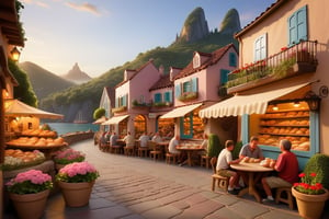 As the sun dipped below the horizon, the village has bakeries, bookstores, restaurants, flower pots and gardens, mountains and sea, the familiar sounds and sights. cartoonish disney, there is a boat, there are round tables outside the book shop, and people are sitting reading books