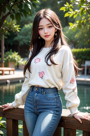 This visually stunning work of art features a single woman, created by a renowned artist, and the official artistic quality is highly infectious. 4K high-resolution rendering, long hair, wearing long-sleeved white floral sweater and jeans, smiling, half-length photo, front view, small chest