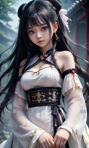 (masterpiece, best quality, ultra-detailed, best shadow), (beautiful detailed face), high contrast, (best illumination, an extremely delicate and beautiful), ((cinematic light)), colorful, hyper detail, dramatic light, intricate details, fantasy, (1,25 year old girl, black hair,big black eyes, small breasts, (sleeves transparent white hanfu:1.3), dynamic angle), depth of field,golden light particles,magic circle,hyper detailed, highly detailed , beautiful, small details, ultra detailed, best quality, 4k, (good anatomy), more detail XL, one piece dress, cut sleeves, black hair, black eyes, long hair, straight hair, toothy smile, jewelry, earrings, hair accessories , jewelry