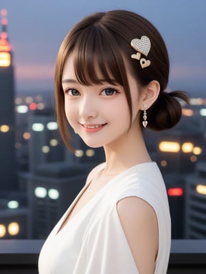 Dark gray eyes, golden brown hair, long hair, bangs, earrings, white dress, standing, looking at viewer, upper body, cityscape, toothy smile, heart-shaped hairpin,short hair,Half tied hair