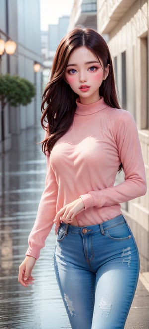 1girl,8k wallpaper,extremely detailed figure, amazing beauty, detailed characters, indoor,light pink sweater and jeans, light and shadow, depth of field, light spot, reflection,upper body,nigth,street,Enhance,Eurasian,smile,small breasts